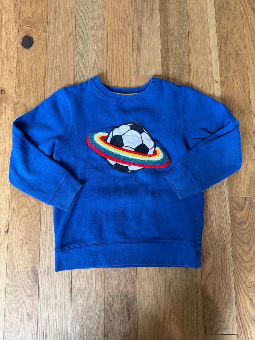 Mini Boden Boys 6-7Y Blue Soccer Ball Rainbow Appliqué Sweatshirt